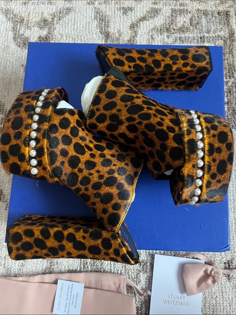 Stuart Weitzman NEW W BOX sky high faux pearl leopard platform sandals sz 8